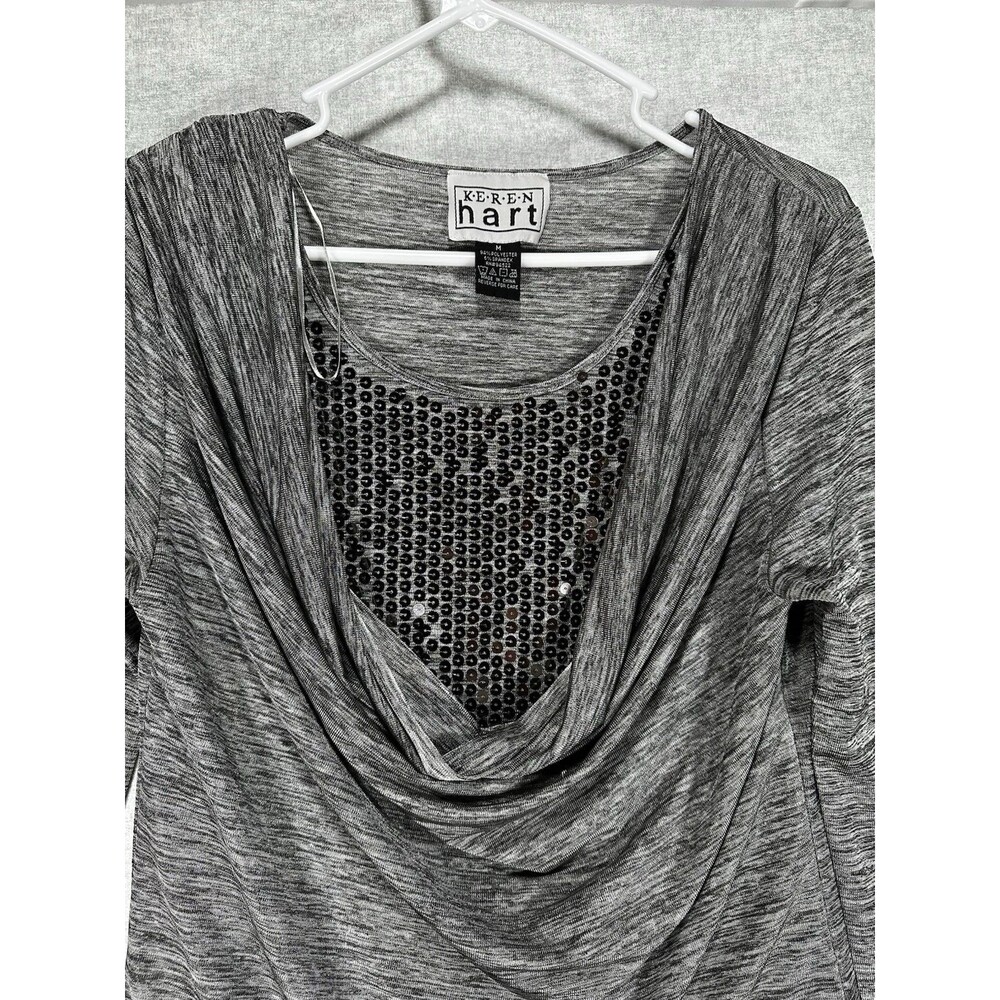Keren Hart Gray w/ sequins Cowl Neck 3/4 Sleeves Women’s Size Medium Blouse